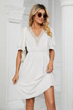 Contrast V-Neck Puff Sleeve Pocket Dress - Trendsi