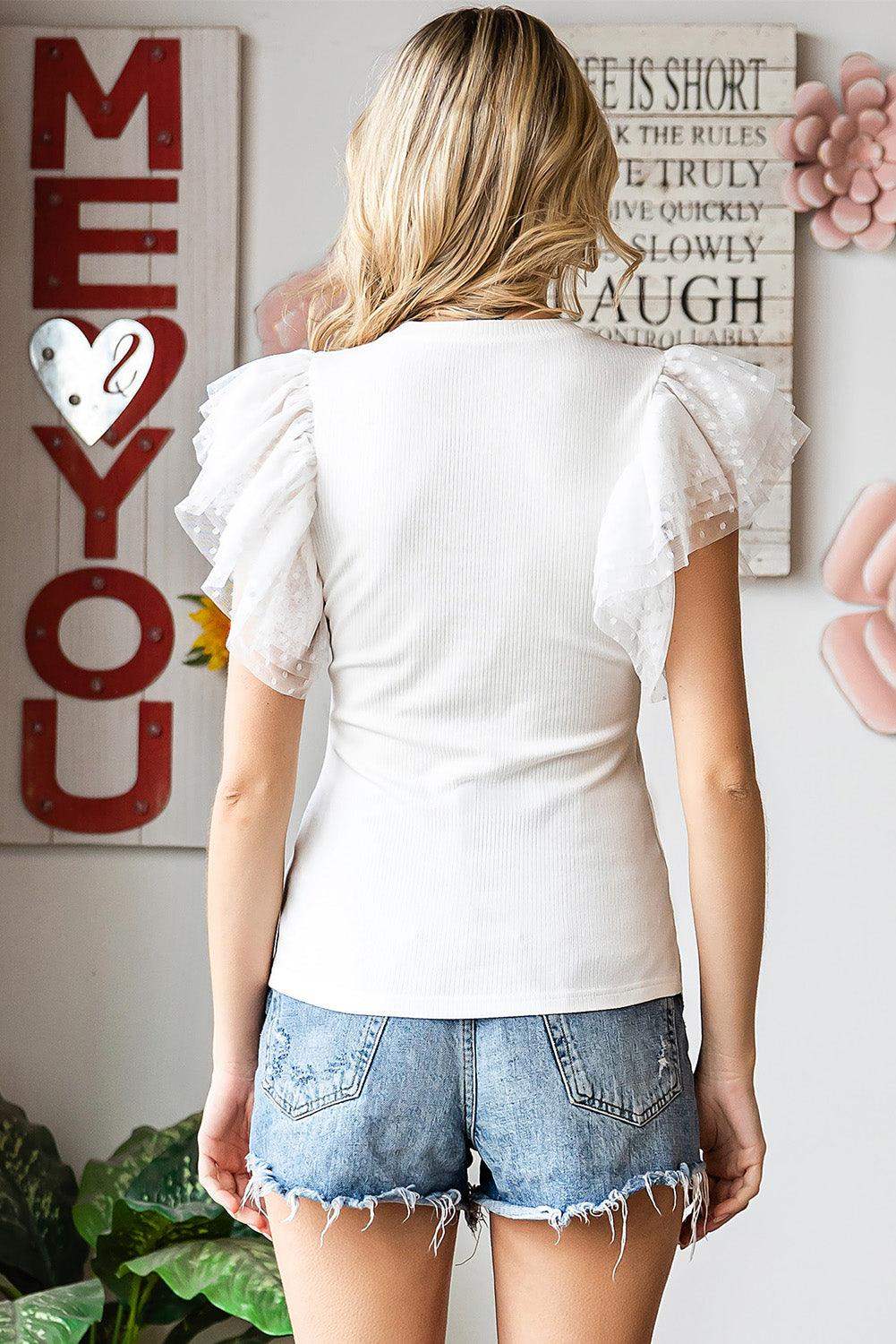 Polka Dot Flutter Sleeve Top - Trendsi - Flyclothing LLC