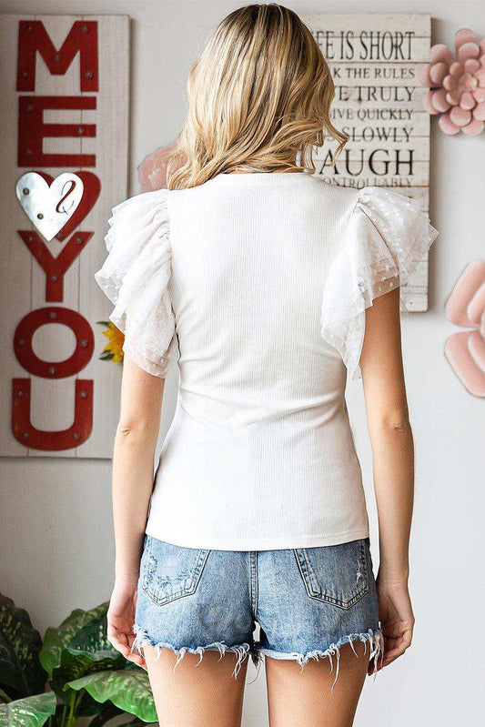 Polka Dot Flutter Sleeve Top - Trendsi - Flyclothing LLC