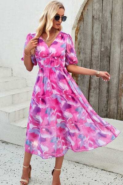 Smocked Printed V-Neck Short Sleeve Dress - Trendsi - Flyclothing LLC