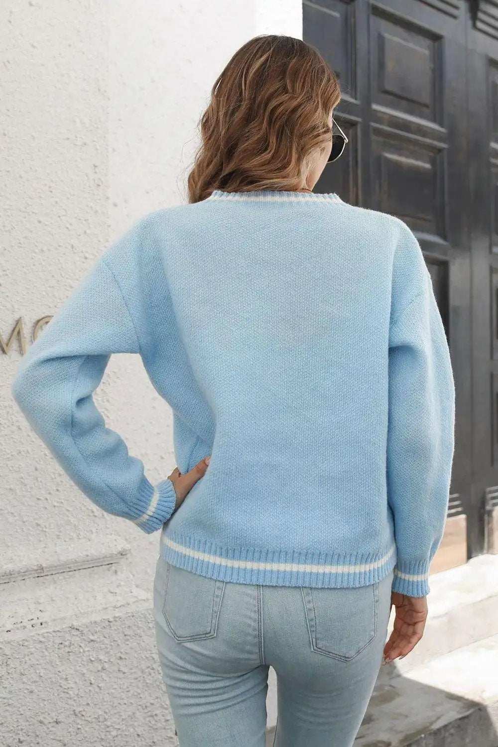 Skeleton Pattern V-Neck Long Sleeve Pullover Sweater - Trendsi - Flyclothing LLC