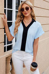 Contrast Johnny Collar Short Sleeve Blouse - Trendsi - Flyclothing LLC