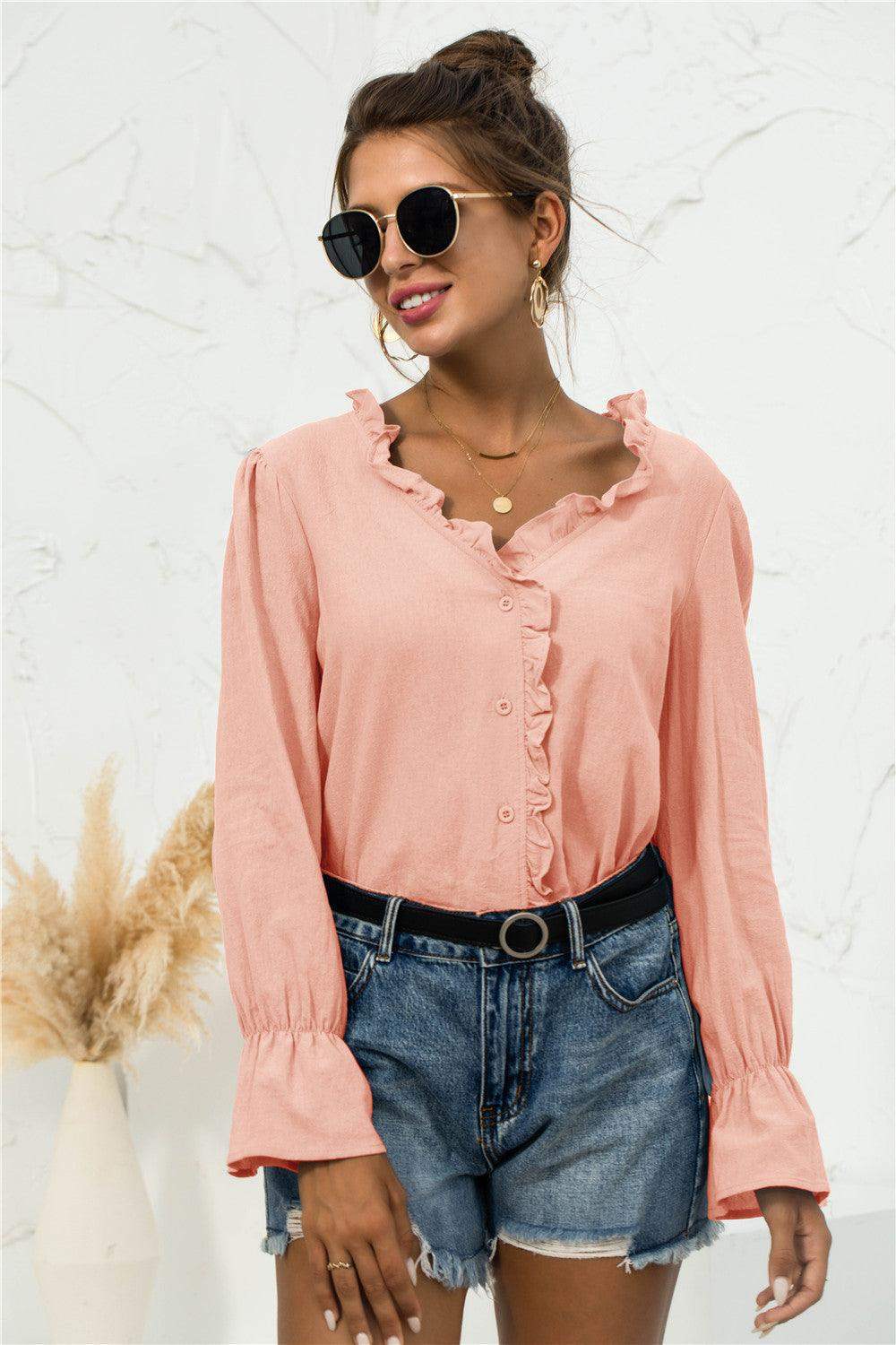Frill Trim V-Neck Flounce Sleeve Shirt - Trendsi - Flyclothing LLC