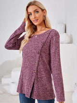 Ribbed Buttoned Round Neck Slit T-Shirt - Trendsi - Flyclothing LLC