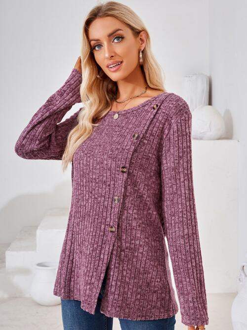 Ribbed Buttoned Round Neck Slit T-Shirt - Trendsi - Flyclothing LLC