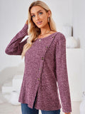 Ribbed Buttoned Round Neck Slit T-Shirt - Trendsi