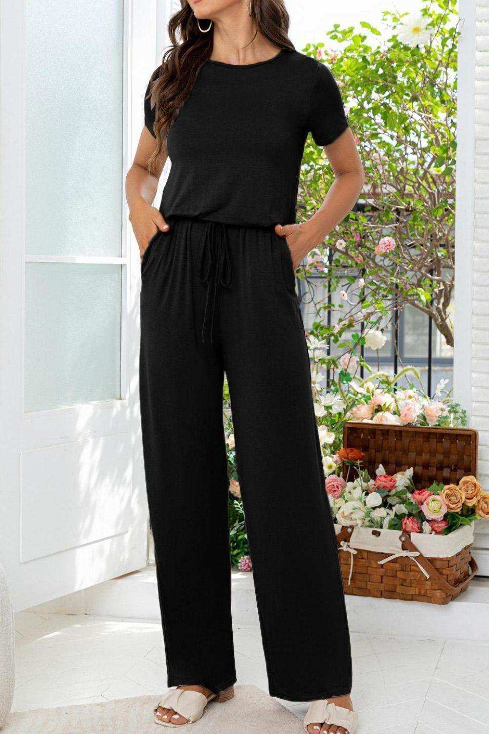 Round Neck Open Back Jumpsuit with Pockets - Trendsi - Flyclothing LLC
