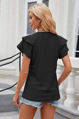 Eyelet Notched Short Sleeve T-Shirt - Trendsi - Flyclothing LLC