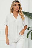 Side Slit Notched Neck Cuffed Short Sleeve Blouse - Trendsi - Flyclothing LLC