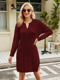 Notched Neck Cable-Knit Slit Sweater Dress - Trendsi - Flyclothing LLC
