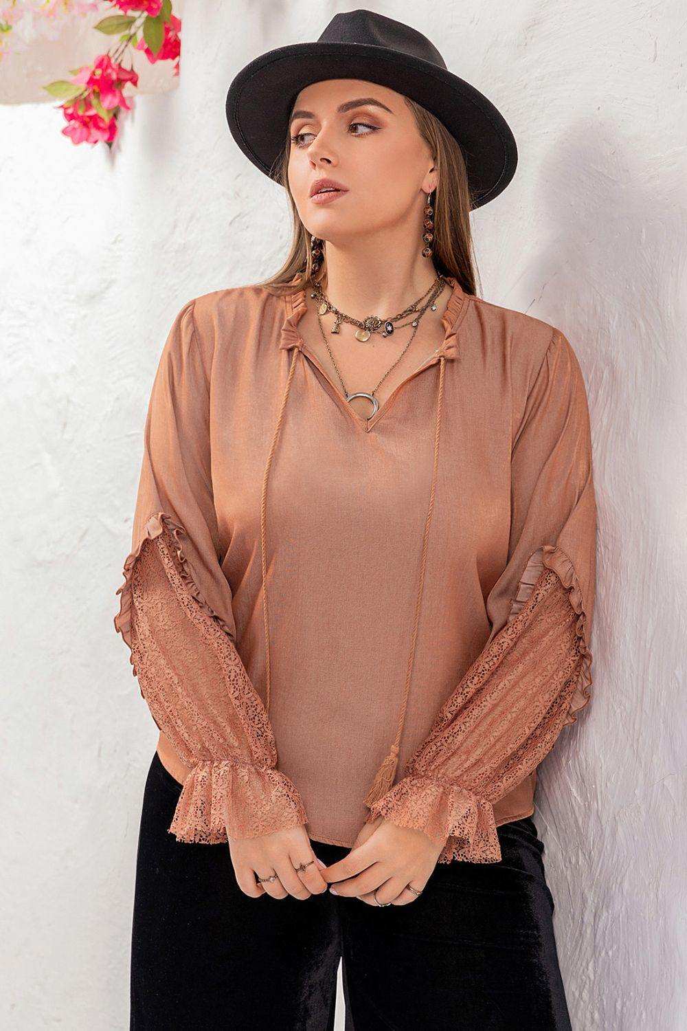 Plus Size Tie Neck Flounce Sleeve Blouse - Trendsi - Flyclothing LLC