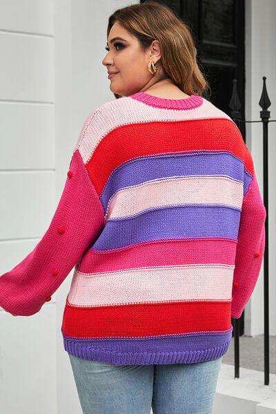 Plus Size Color Block Pom-Pom Trim Sweater - Trendsi - Flyclothing LLC