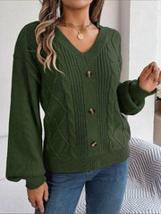 Cable-Knit Buttoned V-Neck Sweater - Trendsi