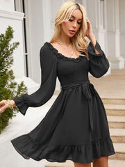 Tie Front Ruffle Hem Smocked Dress - Trendsi