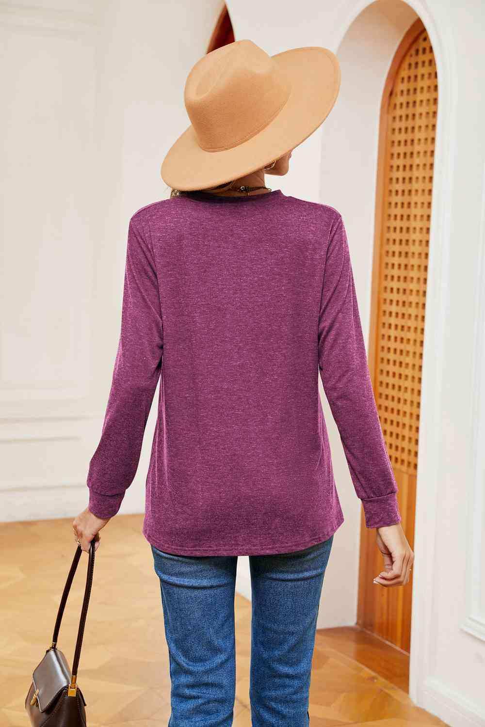 Buttoned Notched Neck Long Sleeve Top - Trendsi - Flyclothing LLC