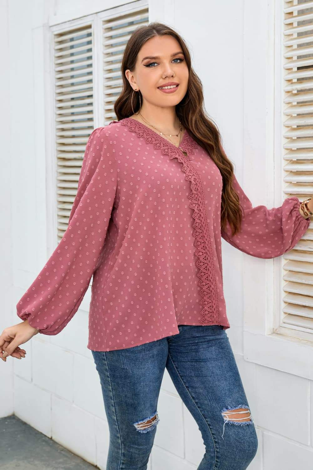 Plus Size Lace Trim V-Neck Balloon Sleeve Blouse - Trendsi - Flyclothing LLC