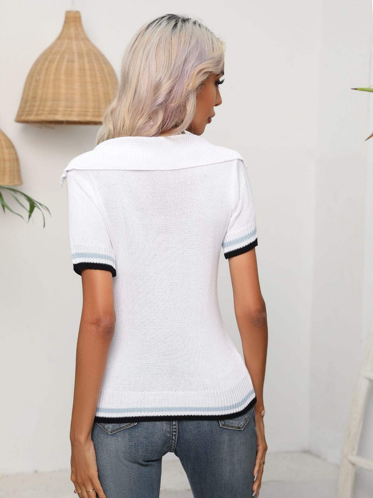 Johnny Collar Openwork Short Sleeve Knit Top - Trendsi - Flyclothing LLC