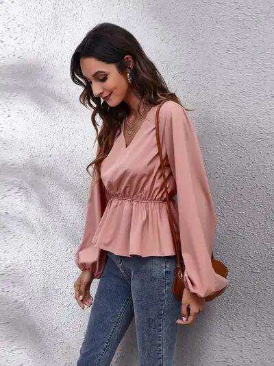 V-Neck Balloon Sleeve Peplum Blouse - Trendsi - Flyclothing LLC