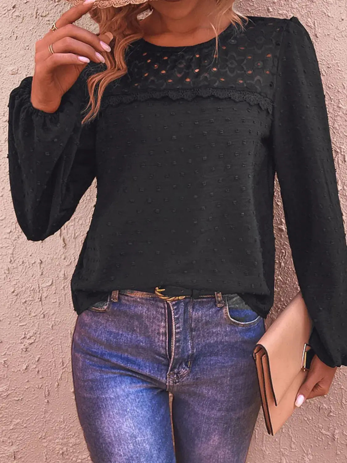 Swiss Dot Lace Trim Long Sleeve Blouse - Trendsi - Flyclothing LLC