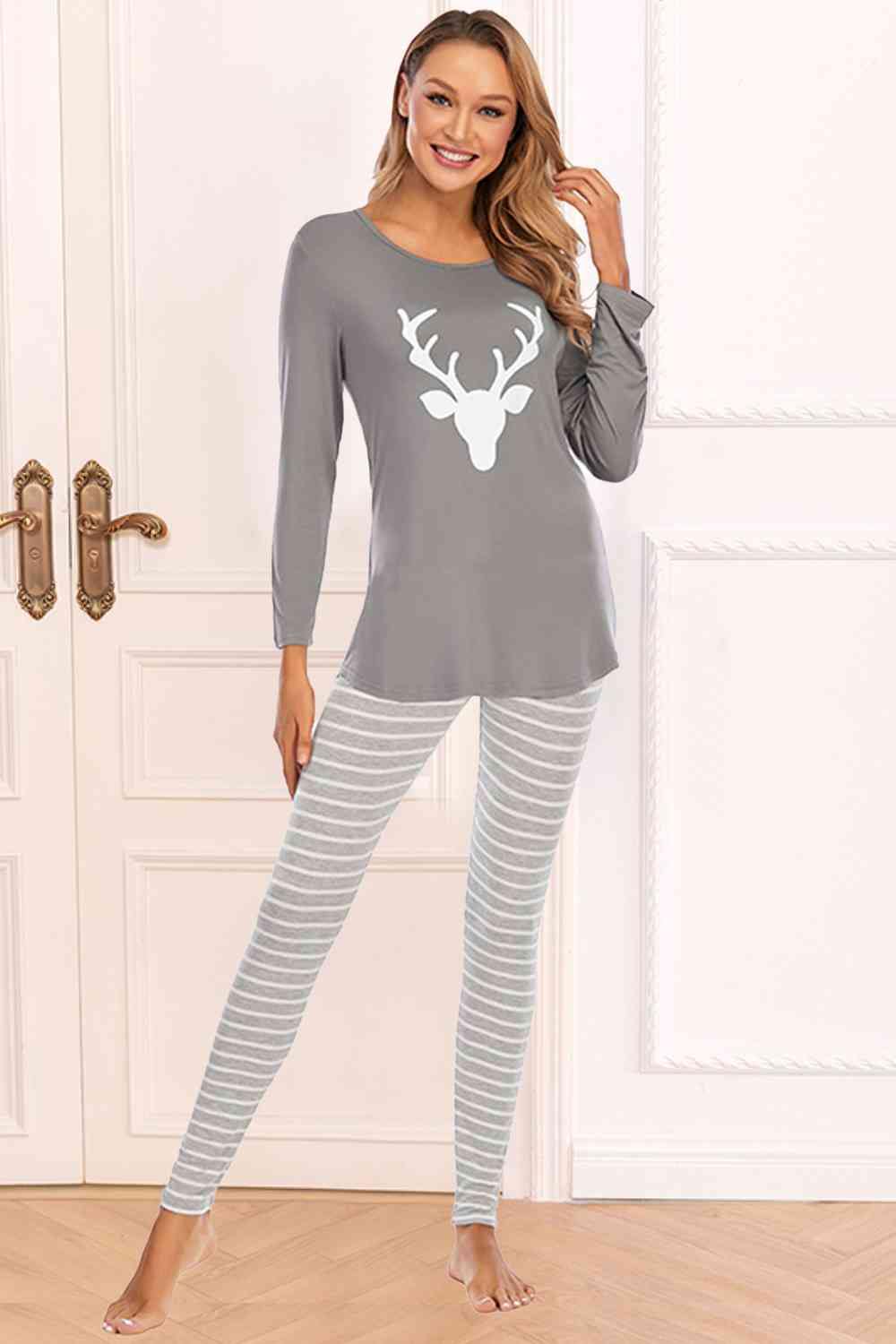 Graphic Round Neck Top and Striped Pants Set - Trendsi