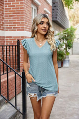 Eyelet Flutter Sleeve Scalloped V-Neck Top - Trendsi - Flyclothing LLC
