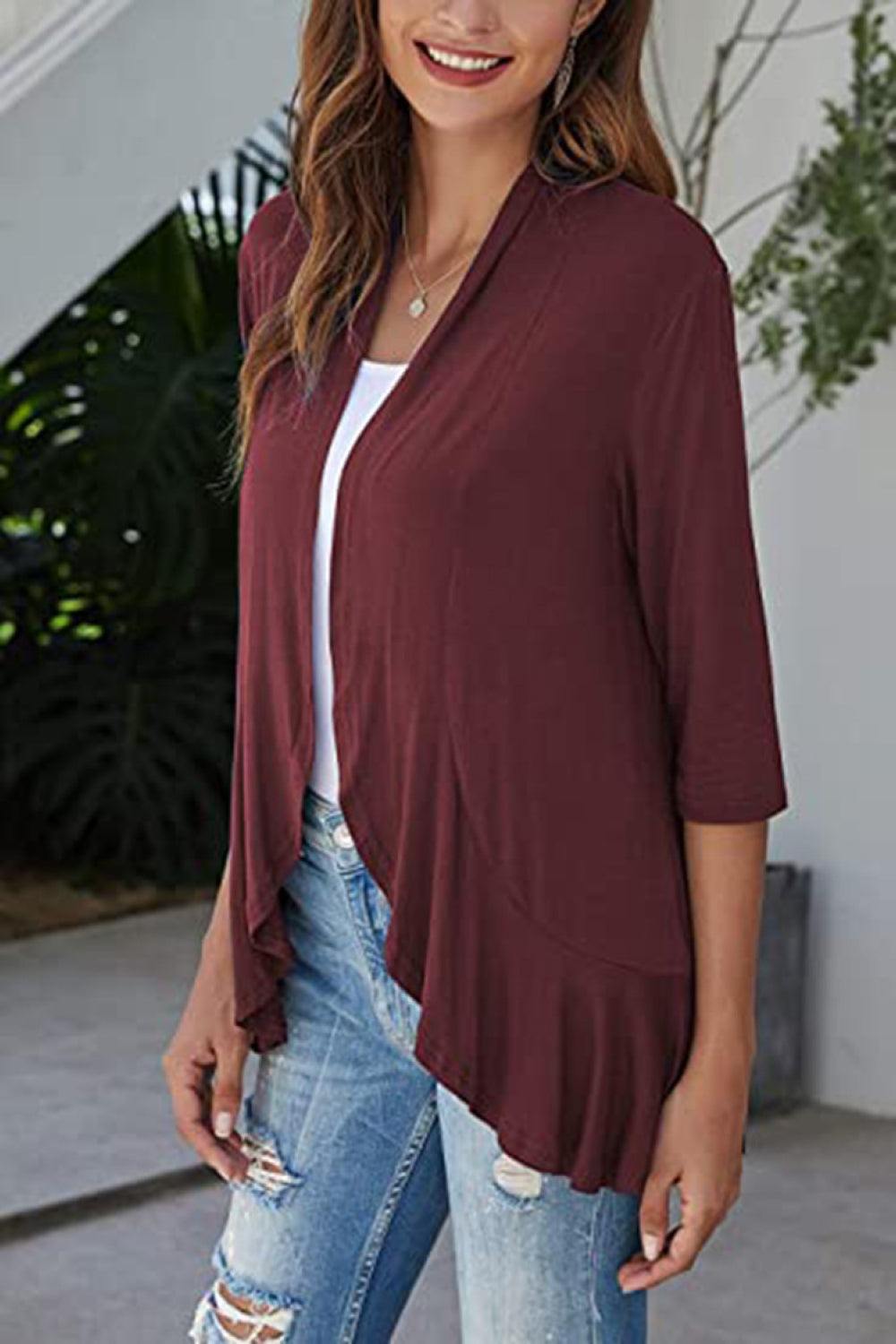 Open Front Ruffle Trim Cardigan - Trendsi