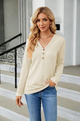 Cable-Knit Long Sleeve V-Neck T-Shirt - Trendsi