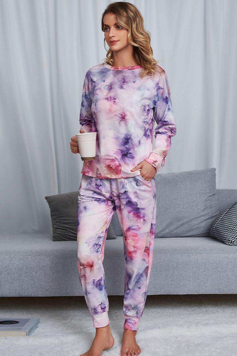 Tie-Dye Crewneck Top and Drawstring Waist Joggers Lounge Set - Trendsi - Flyclothing LLC