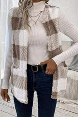 Sherpa Plaid Open Front Vest Coat - Trendsi - Flyclothing LLC