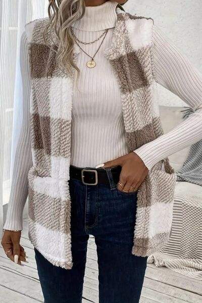 Sherpa Plaid Open Front Vest Coat - Trendsi - Flyclothing LLC