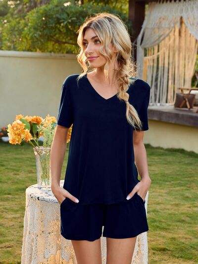 V-Neck Short Sleeve Top and Pocketed Shorts Lounge Set - Trendsi - Flyclothing LLC