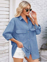 Pocketed Snap Down Dropped Shoulder Denim Shacket - Trendsi - Flyclothing LLC