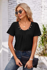 Decorative Button Scoop Neck T-Shirt - Trendsi - Flyclothing LLC