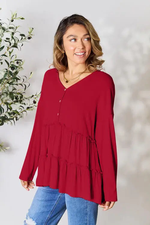 Double Take Half Button Long Sleeve Ruffle Hem Blouse - Trendsi - Flyclothing LLC