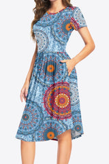 Printed Round Neck Short Sleeve Dress with Pockets - Trendsi