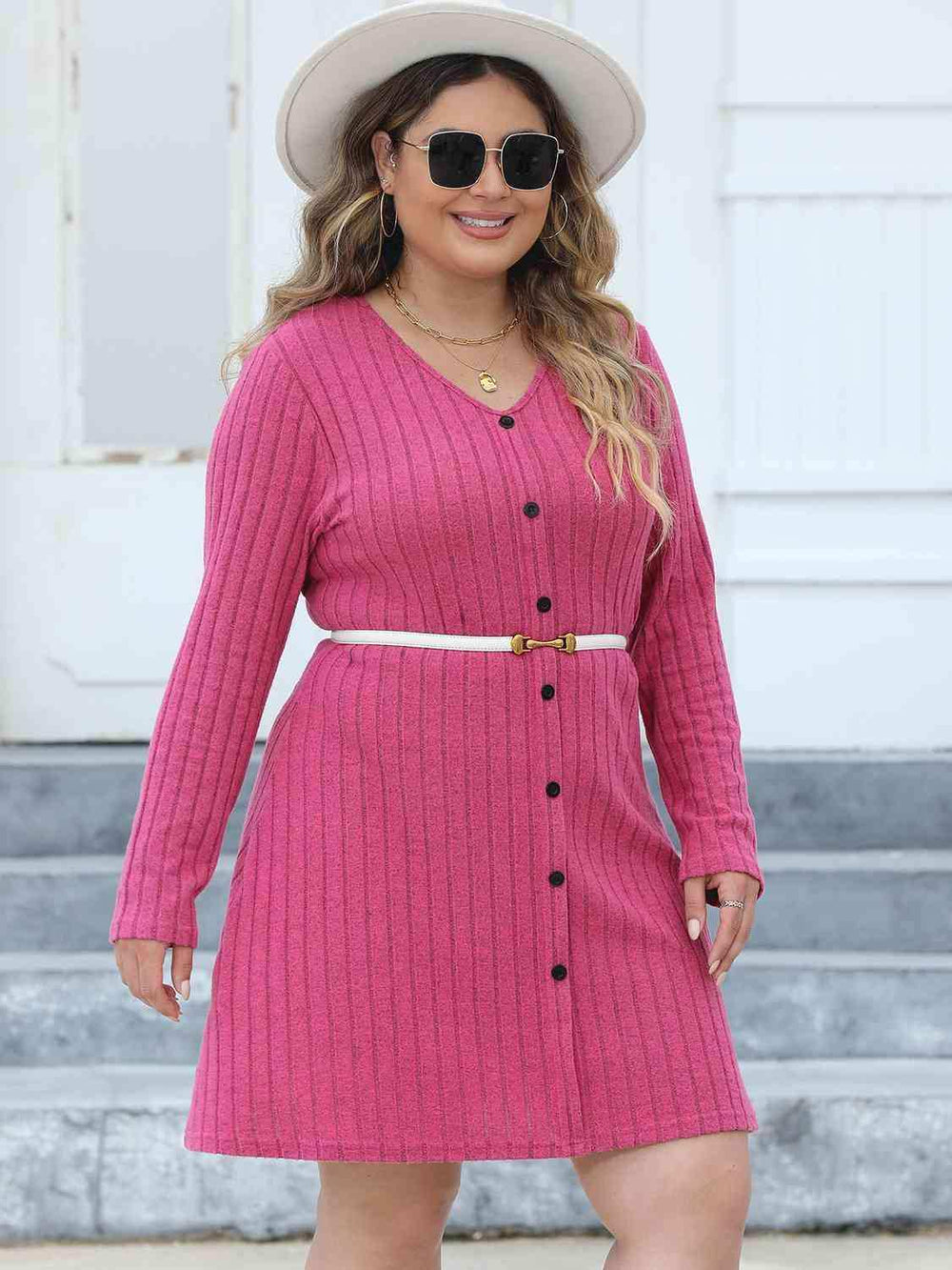 Plus Size Ribbed Buttoned V-Neck Long Sleeve Dress - Trendsi - Flyclothing LLC