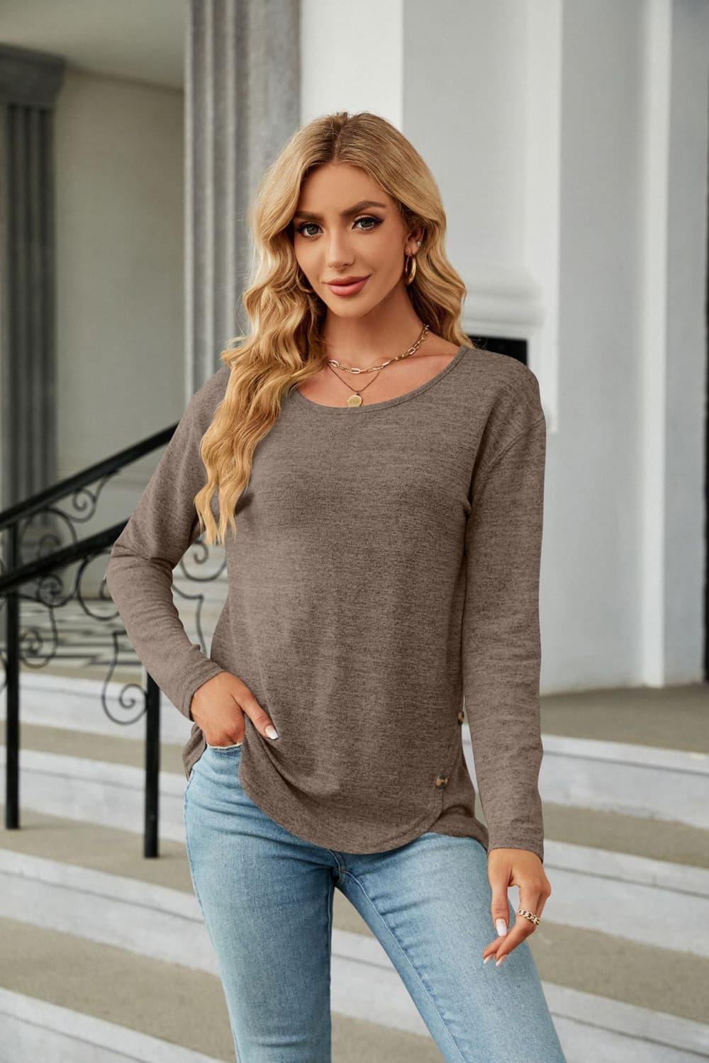 Round Neck Long Sleeve T-Shirt - Trendsi
