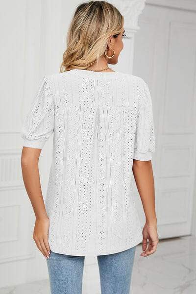 Eyelet Notched Short Sleeve T-Shirt - Trendsi - Flyclothing LLC
