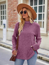 Ribbed Turtleneck Long Sleeve Slit Knit Top - Trendsi - Flyclothing LLC
