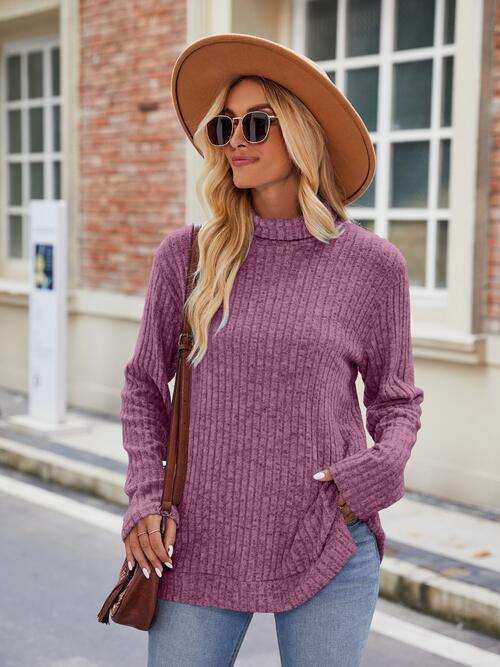 Ribbed Turtleneck Long Sleeve Slit Knit Top - Trendsi - Flyclothing LLC