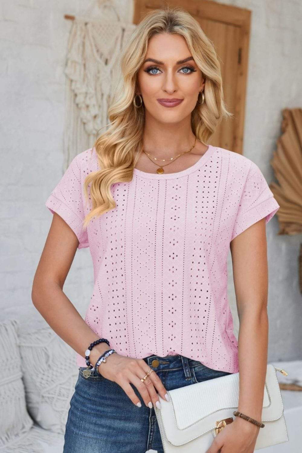 Eyelet Round Neck Rolled Short Sleeve T-Shirt - Trendsi - Flyclothing LLC