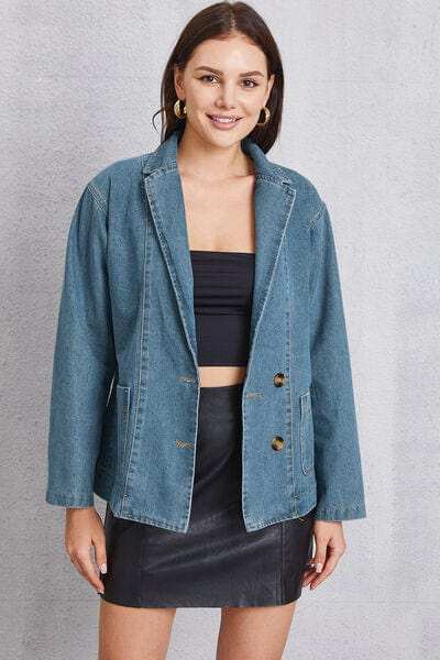 Pocketed Button Up Denim Jacket - Trendsi - Flyclothing LLC