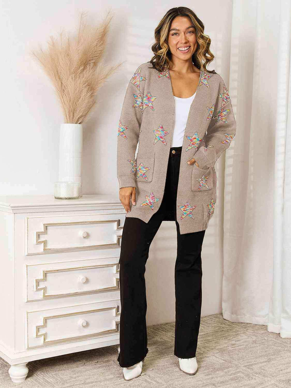 Star Pattern Open Front Cardigan with Pockets - Trendsi - Flyclothing LLC