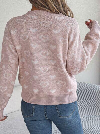 Heart Pattern V-Neck Long Sleeve Sweater - Trendsi