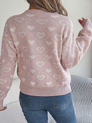 Heart Pattern V-Neck Long Sleeve Sweater - Trendsi