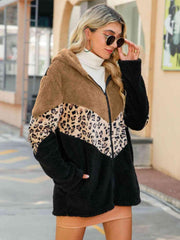 Leopard Color Block Hooded Teddy Jacket - Trendsi