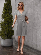 Tied Notched Short Sleeve Dress - Trendsi - Flyclothing LLC