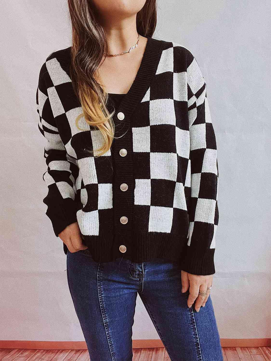 Checkered Open Front Button Up Cardigan - Trendsi