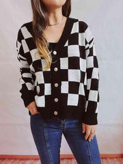 Checkered Open Front Button Up Cardigan - Trendsi