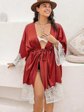 Plus Size Lace Patchwork Tie Front Robe - Trendsi - Flyclothing LLC